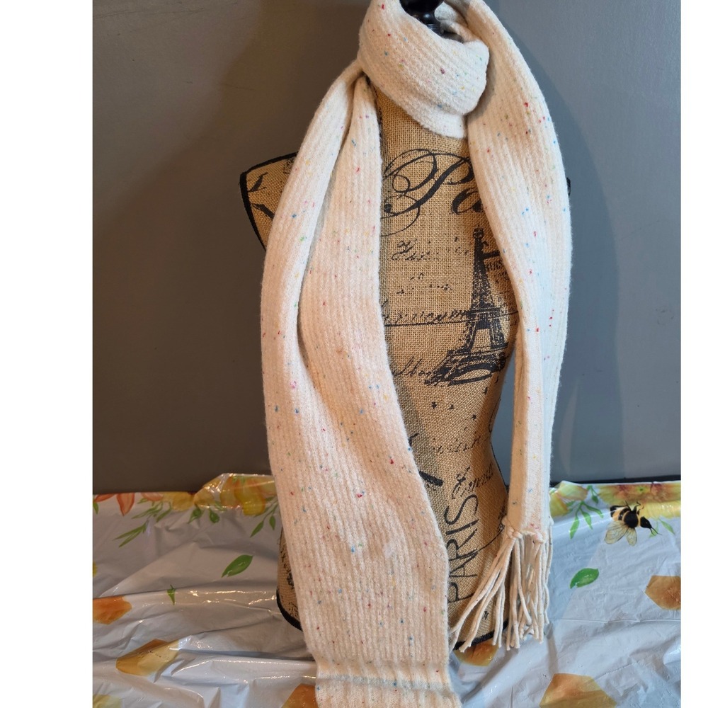 House of Harlow 1960 Cream Confetti Fleck Ribbed Knit Fringe Scarf